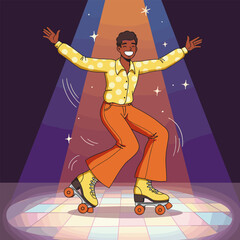 Cartoon roller skater in a yellow polka dot shirt and orange pants gliding on a vibrant disco floor under spotlights. © bima