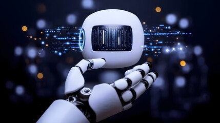 A robot hand holding a futuristic device displaying binary code.