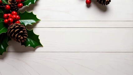Festive holiday border of holly leaves, bright red berries, and pine cones on a rustic white wooden background, seasonal decoration
