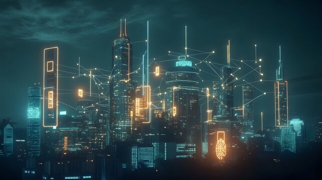 Futuristic cityscape with glowing network connections.
