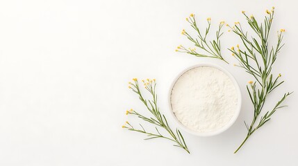 A white bowl filled with fine white powder surrounded by delicate green branches with small yellow flowers