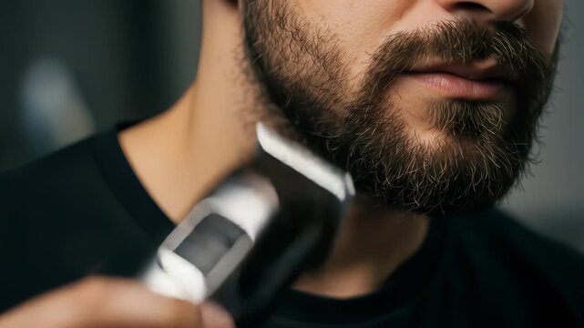 Close-Up View of Person Trimming Beard with Electric Trimmer for Grooming and Personal Care
