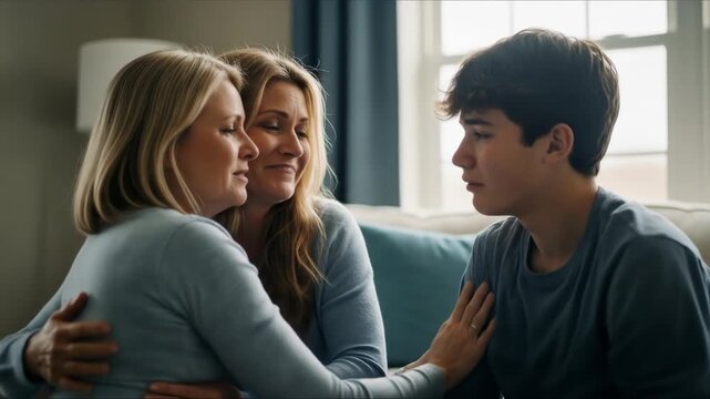Two Mothers Comforting Their Teenage Son at Home