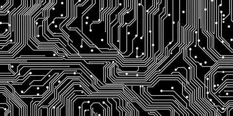 Abstract monochrome seamless vector pattern of circuit board lines Geometric techno background,  abstract,  circuit