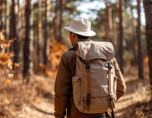 Obraz premium Asian Man with Backpack in Forest