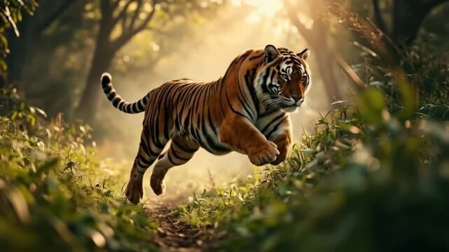 A tiger leaps forward through a sunlit forest path with lush green foliage around it beautifully animal video