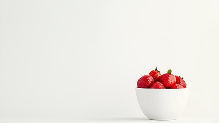 Fresh ripe strawberries overflowing in a simple white bowl on a white surface