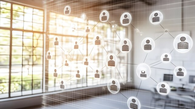 Network of interconnected people overlaid on a modern office space. - Powered by Adobe