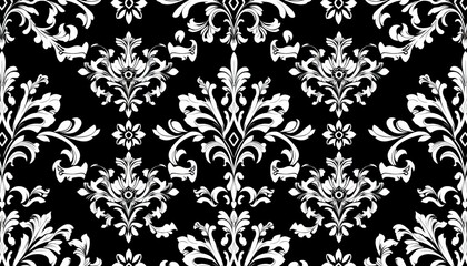 Elegant black & white baroque damask floral wallpaper seamless vector pattern, damask, geometric