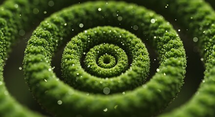 Abstract Green Spiral: Lush, Vibrant, Dew-Kissed 3D Render, Nature Inspired, Eco-Friendly Design.