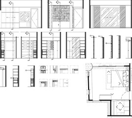Interior Drawing Set - Bedroom and Walk-in Closet Layout with Elevation and Section Detail Vector