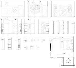 Interior Drawing Set - Bedroom and Walk-in Closet Layout with Elevation and Section Detail Vector