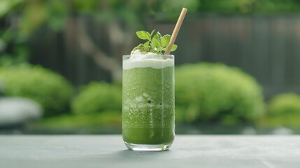 Refreshing green matcha smoothie topped with cream and fresh leaves
