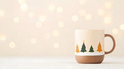 Cozy christmas mug with festive trees and warm bokeh lights