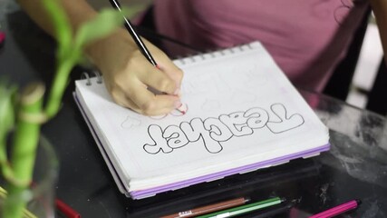 Close-up of a child’s hand coloring block letters with a red pencil in a spiral notebook on a bright workspace - Powered by Adobe