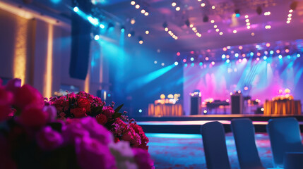 A vibrant, colorful stage setup with blue and pink lights, chairs, and a bouquet of pink roses in the foreground.