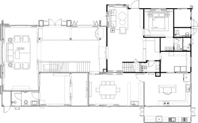2D AutoCAD Drawing - Ground Floor Residential Layout with Living Room, Dining Area, Guest Bedroom, and Bathroom Vector