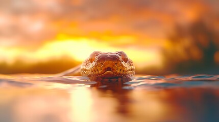 Close up of a snake s head emerging from water at sunset