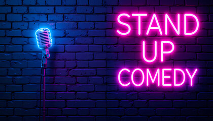 A bright microphone and stand up comedy neon sign against a dark brick wall background in blue and pink