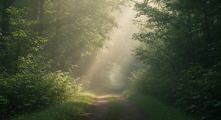 Mystical Forest Path: Sunbeams Through Misty Green Canopy, Serene Nature Scene
