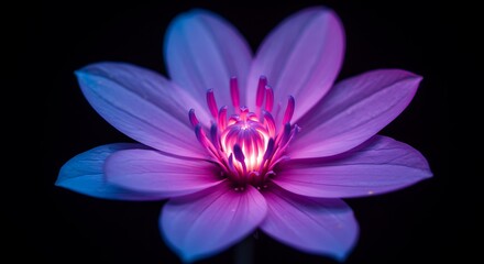 Glowing Purple Flower, Close-up Macro Shot, Dark Background, Mystical, Serene, Vibrant Hues, Illuminated Petals,  Floral Beauty, Night Bloom.