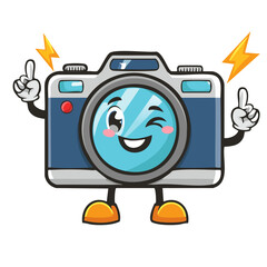 Obraz premium Winking Cartoon Camera Character with Flash Lightning Bolts and Happy Smiling Expression