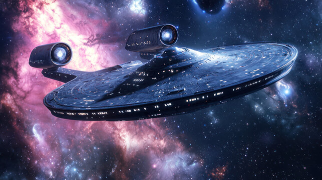 A futuristic spaceship flying through a starfield with a nebula in the background. - Powered by Adobe