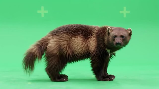 Alert Wolverine (Gulo gulo) Standing on a Bright Green Screen Background, Ready for Compositing in Wildlife and Nature-Themed Visual Projects