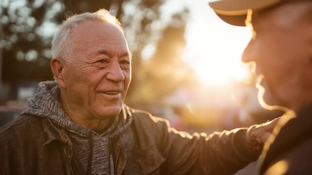 Happy elderly man smiling and laughing during sunset while interacting with friend outdoors in a warm and joyful atmosphere