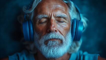 Bearded Man Headphones Mockup with Calm Blue Background

