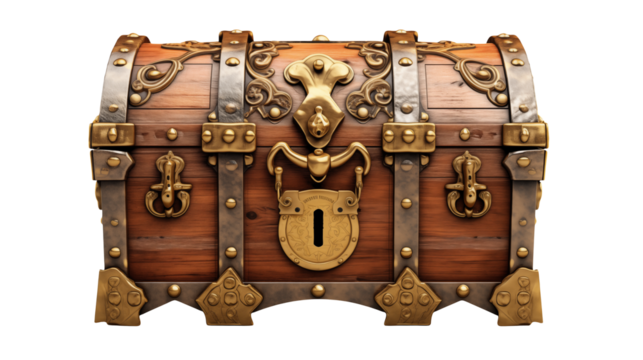 Vintage treasure chest with gold and metal detailing presents rustic charm isolated on transparent background
