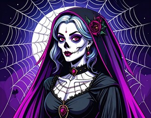 Gothic woman with Day of the Dead makeup, wearing a black and purple veil, adorned with a rose, spider web necklace, and dark, mystical background with spider webs.