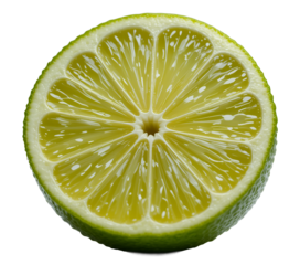 Close up of a fresh lime slice displaying detailed juicy segments and textured rind on a neutral