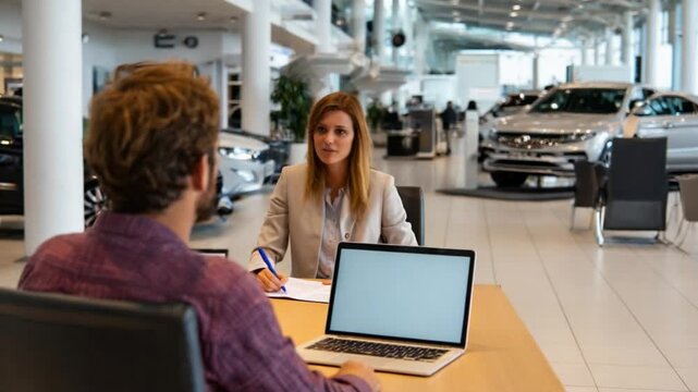 Professional Business Meeting in Automotive Showroom with Man and Woman Discussing Sales Strategy and Client Relationships