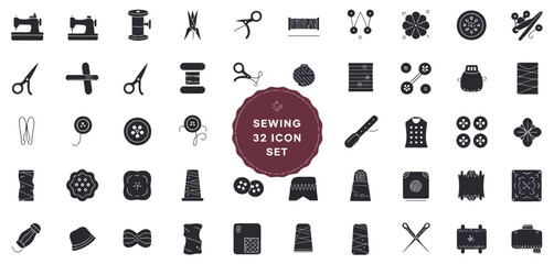 Collection of 32 black silhouette icons representing sewing and tailoring tools and supplies
