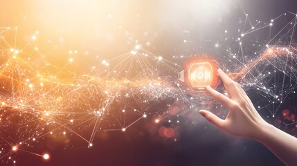 A hand interacts with a glowing interface.