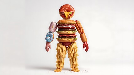 A human figure made of various fast foods on a light background, representing the concept of obesity and unhealthy eating habits. Generative AI
