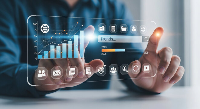 Businessman analyzing financial trends on a futuristic holographic interface - Powered by Adobe