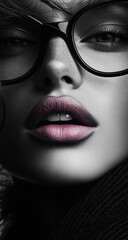 Close-up beauty portrait of a stylish woman wearing glasses, captured in a high-fashion photography style with sharp focus on facial features and beauty.