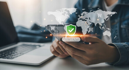Person using smartphone for secure global online payment with digital interface