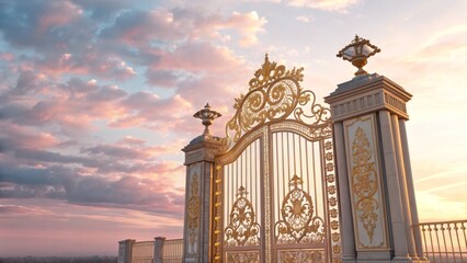 Golden Gate to Heaven Ornate Wrought Iron Design at Sunset, Heaven Gate, Palace Gate
