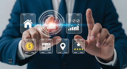 Businessman interacting with a futuristic interface displaying various business icons