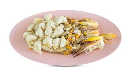 Close-up of a seafood dish featuring lump crab meat, roe, and crab claws