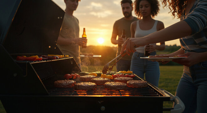 Outdoor scene of a small group grilling burgers and vegetables