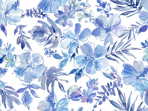 Watercolor Seamless Floral Pattern with abstract Hand painted indigo blue hibiscus and monstera leaves on a transparent Background. Textile design with tropical flora. Summer Botanical wallpaper.