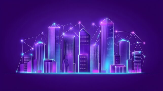 Futuristic city skyline illustration with glowing outlines.
