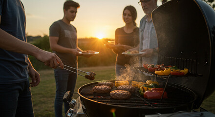 Outdoor scene of a small group grilling burgers and vegetables