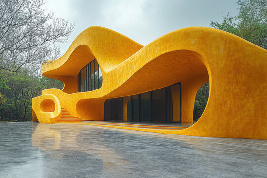Yellow building with a curved roof.