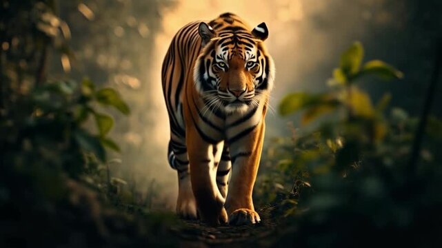A tiger walking through a dense forest with sunlight shining through the trees and foliage around it animal video