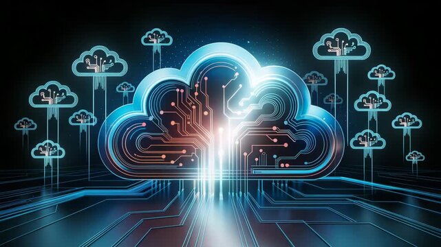 A cloud computing technology concept illustrates the delivery of computing services over the internet, enabling flexible resources, scalable solutions, enhanced collaboration for users and businesses.